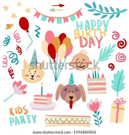 Happy birthday pattern with cute cat and dog. Isolated cartoon flags, cake, plants and balloons on white background.