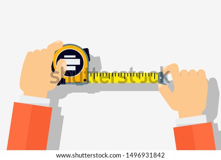 Measuring tape in the hands of a man. Template for a poster of a construction and repair company. Flat vector illustration. Royalty-Free Stock Photo #1496931842