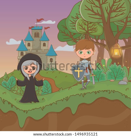 fairytale landscape scene with witch and warrior