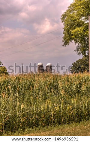 The tops of three silos towering over a cornfield.