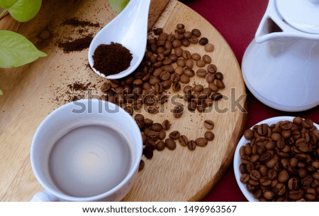 coffee tasty hot milk on wooden background , top view. make for menu and advertising design