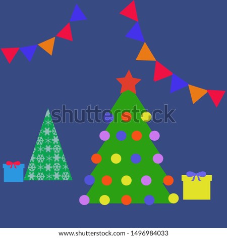 Christmas card. Decorated Christmas tree on a dark blue background.
