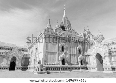 Black and white picture of architectural Ananda Temple, a famous buddhist temple of Bagan, Myanmar