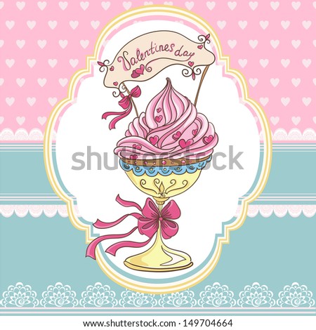 Cupcake with bow and hearts. Invitation card for valentines day