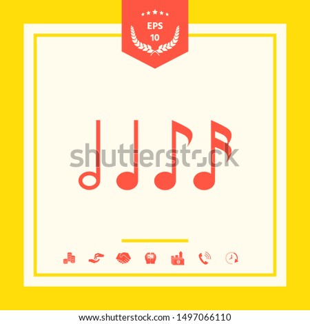 Symbol of Music, notes. Sixteenth note, Eighth note, quarter note and half note