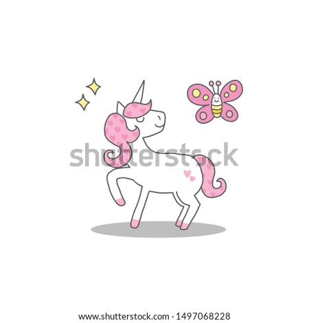 A cute unicorn with pink butterflies on a white background