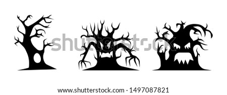 Halloween trees. Black and white silhouette set. Vector illustration.