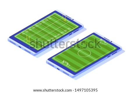 Isometric football field on smartphone. Vector Illustration.