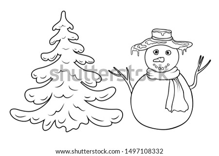 cute cartoon coloring snowman and fir tree outline silhouette isolated on white. Coloring page with snowman and fir or pine tree. black and white winter or christmas illustration for coloring book.