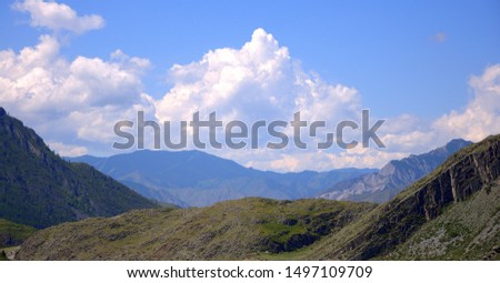 View of the mountain peaks and the valley. Altai, Siberia, Russia.
