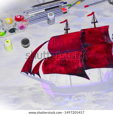 painting a ship, rassunok paints and pencils
