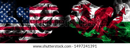United States of America, USA vs Wales, Welsh background abstract concept peace smokes flags.