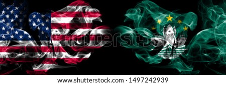 United States of America, USA vs Macau, China background abstract concept peace smokes flags.