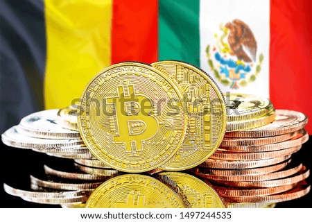 Concept for investors in cryptocurrency and Blockchain technology in the Belgium and Mexico. Bitcoins on the background of the flag Belgium and Mexico.