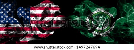 United States of America, USA vs Arab League background abstract concept peace smokes flags.