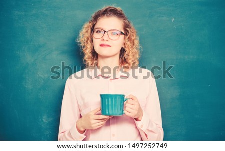 school teacher need coffee break. idea and inspiration. good morning. girl refreshing with tea drink. energy and vigor. replenishment of energy reserves. woman with coffee cup at blackboard.