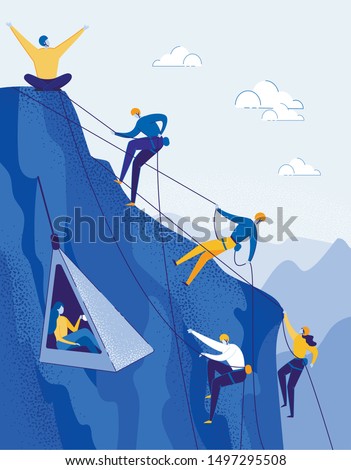 Climbers Group Reaching Peak Flat Cartoon Vector Illustration. Teamwork Concept. People with Equipment Hiking in Mountains. Happy Man Leader on Top. Traveling and Trekking. Taking up Girl.