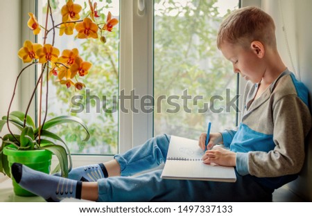 
A little blond-haired boy in pajamas draws sitting on the window, and outside the window is a sunny summer day. A child and an orchid flower on a large bright window. Summer photo made in bright colo