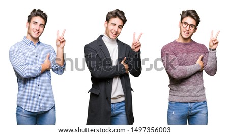 Collage of young handsome business man over isolated background smiling with happy face winking at the camera doing victory sign. Number two.