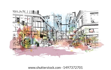 Building view with landmark of Pittsburgh is a city in western Pennsylvania at the junction of 3 rivers. Watercolor splash with Hand drawn sketch illustration in vector.