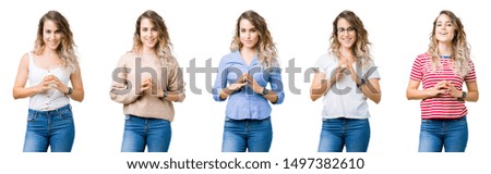 Collage of young beautiful blonde girl over isolated background Hands together and fingers crossed smiling relaxed and cheerful. Success and optimistic