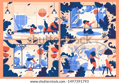 Concept scenes with young woman training at home. Interiors full of leaves and floral elements. Bright flat illustrations for indoor home or garage gym drawn with bright blue and orange colors Royalty-Free Stock Photo #1497391793