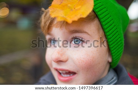 Close up face portrait of an attractive young boy with fall leaves. Close up 
portrait of a child with freckles and red hair on sunny autumn day  outdoors background.