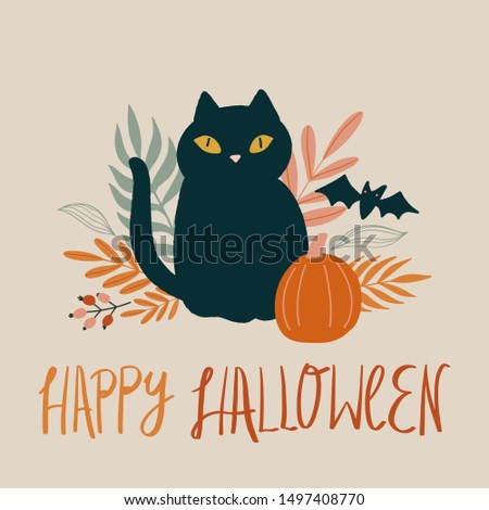 Happy Halloween greeting card with black cat, pumpkin, vampire bat and plants. Lettering illustration for print, poster, invitation, banner.