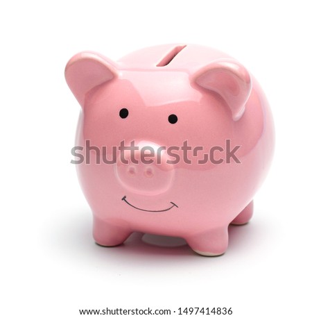 Pink piggy bank isolated on a white background. Royalty-Free Stock Photo #1497414836