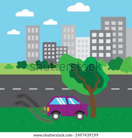 car crashed into a tree, vector image, cartoon style