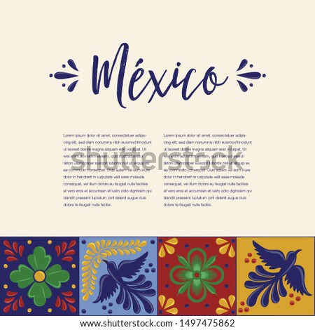 Mexican Traditional Talavera Style Tiles from Puebla; México – Copy Space Floral Composition with Birds