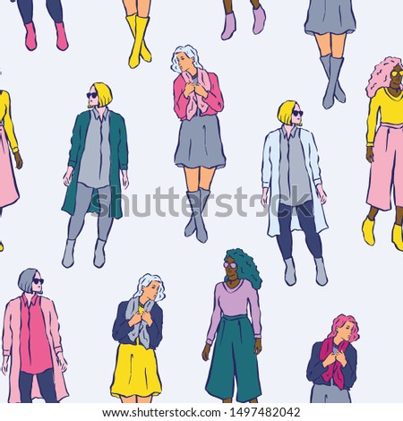 Vector group of women seamless pattern. Colorful illustration of young models in hand drawn style. Fashion girls of different ethnicity.