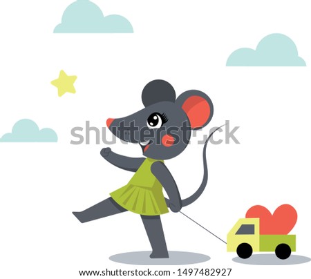Cute little mouse is carrying a car as a birthday present