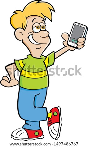 Cartoon illustration of a boy holding a cell phone and taking a selfie.