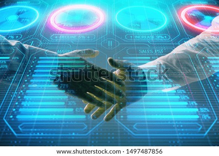 Multi exposure of business graph on abstract background with two men handshake. Concept of success
