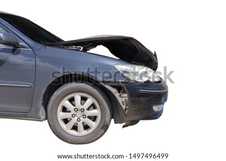 Front of black color car damaged and broken by accident isolate on white background. Save with cliping path.