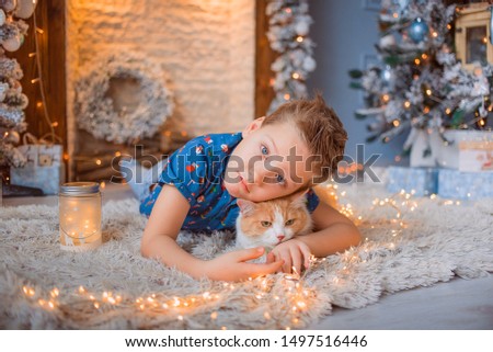 The boy sits on the floor near the fireplace and holds a red cat. Christmas concept, toy tree in the background