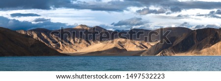 Panorama Pangong Lake with mountain and blue sky, Beautiful Wallpaper, LEH, LADAKH, INDIA 