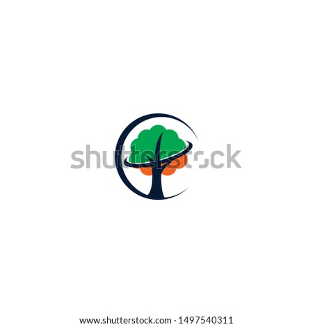 Tree illustration with unique shape icon logo design, Green Navy Orange color template design.