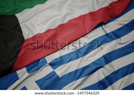 waving colorful flag of greece and national flag of kuwait. macro