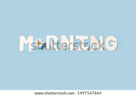 Morning text paper cut decorate with fabric daisy flower on pastel blue background