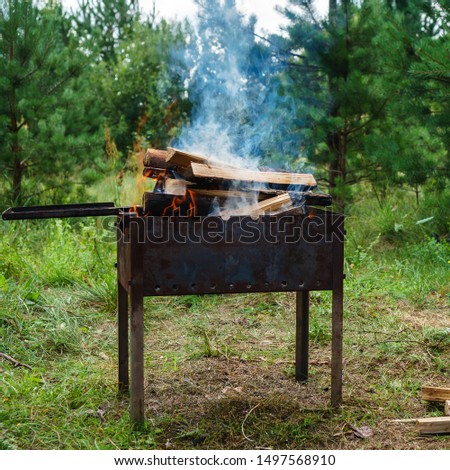 Empty Hot Charcoal Barbecue Grill With Flame and copy space. Flames burning in a barbecue grill