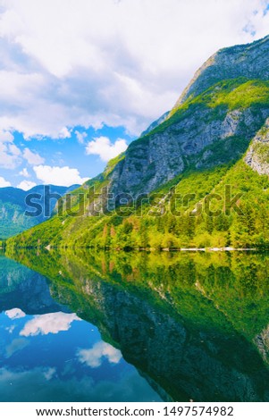 Scenery of Bohinj Lake in Slovenia. Nature, Slovenija. View of green forest and blue water. Beautiful landscape in summer. Alpine Travel destination. Julian Alps mountains on scenic background