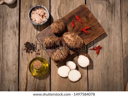 Yams on rustic wooden table 