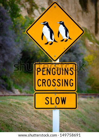 Yellow roadsigns warning for penguins crossing road
