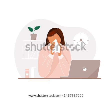 Young woman with flu sitting at laptop in office until late and blowing her nose. Flat cartoon modern trendy style.Vector illustration character icon. Sick office worker concept.  Royalty-Free Stock Photo #1497587222