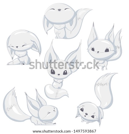 Arctic white fox cute cartoon character vector design, adorable isolated clip-art. Fox with different emotions.