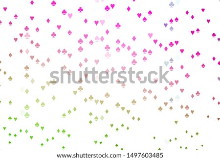 Light Pink, Green vector layout with elements of cards. Illustration with set of hearts, spades, clubs, diamonds. Template for business cards of casinos.
