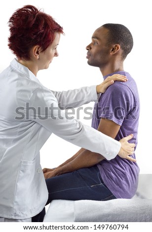 young female therapist consulting male client about posture Royalty-Free Stock Photo #149760794
