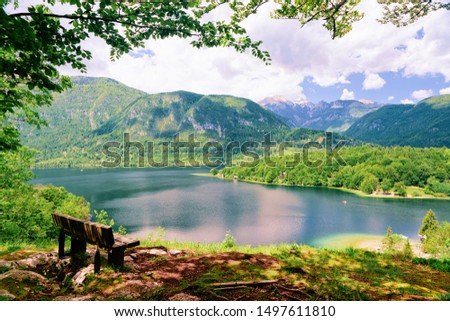 Bench at Bohinj Lake in Slovenia. Nature in Slovenija. Scenery view of green forest and blue water. Beautiful landscape in summer. Alpine Travel destination. Julian Alps mountains on scenic background